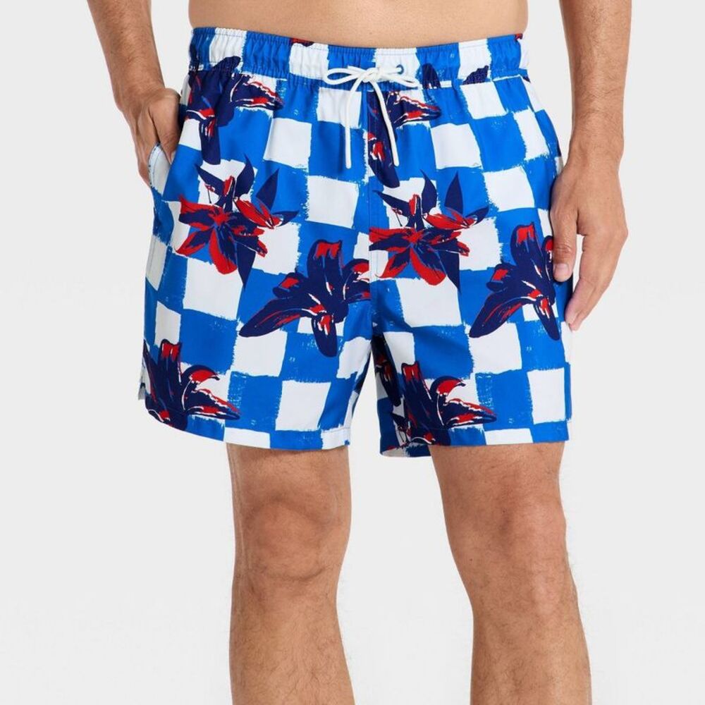 Men's 5" Checkered Floral Swim Trunks - Goodfellow & Co Blue M
